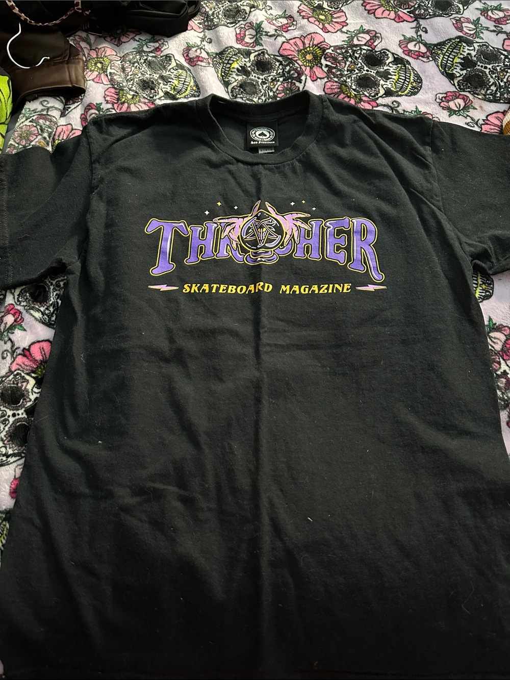Thrasher Black Short-Sleeve Tee with Purple and Yellow Logo
